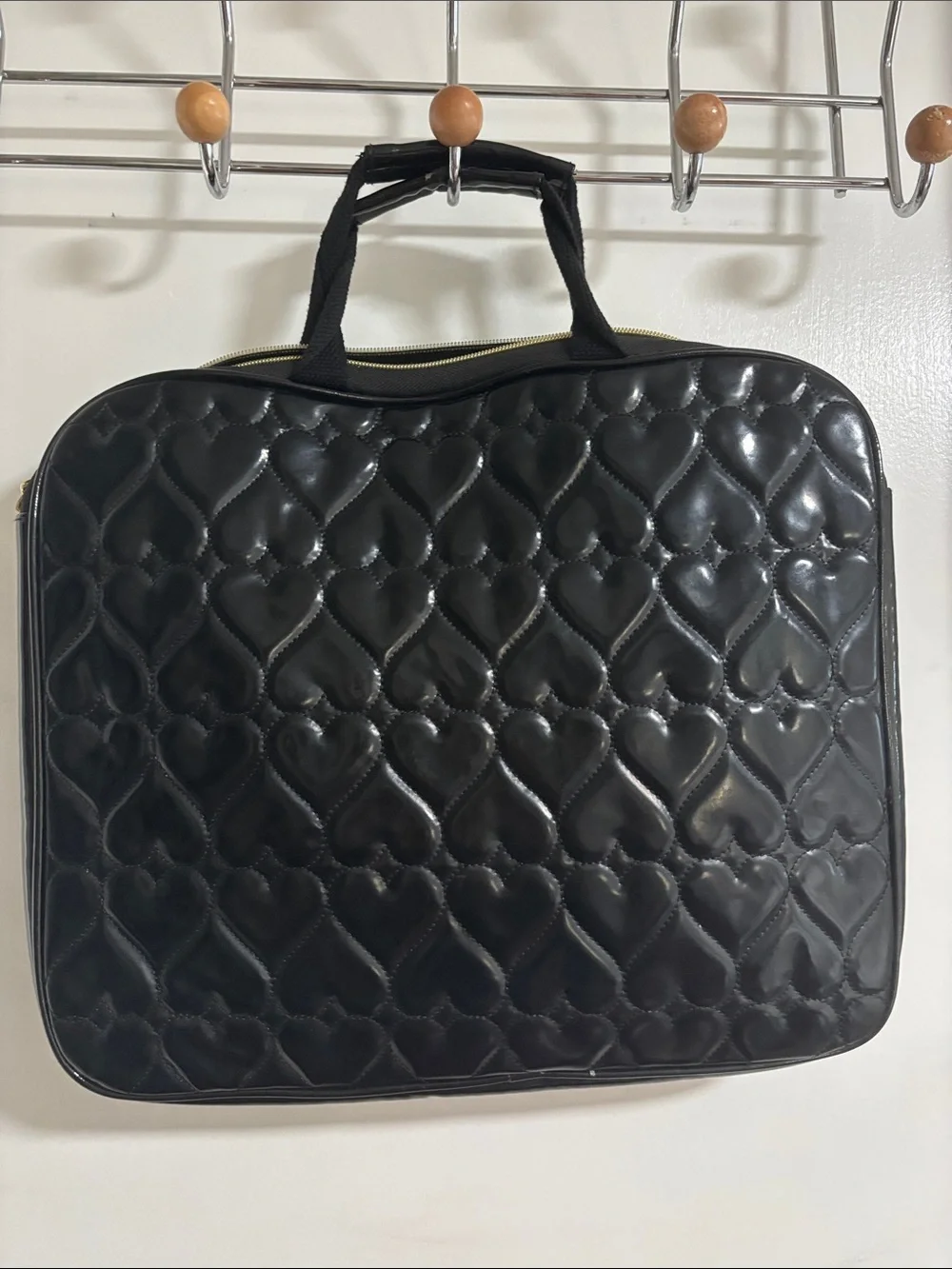Betsey Johnson Black Quilted Heart Stud Laptop Bag with Pink Logo